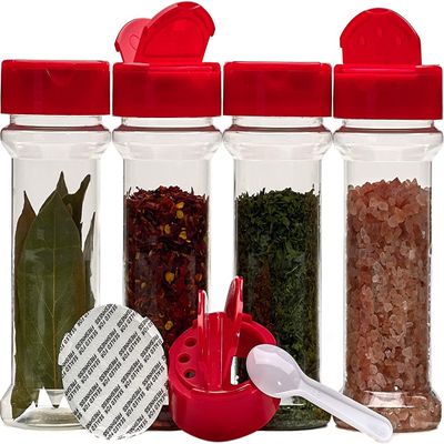 Decony Spice Containers 10 sets - 7 oz. clear plastic pet spice jars storage container bottles with red sifter spoon caps - 10 bottles with caps - plus 2 mini spoons