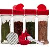Decony Spice Containers 10 sets - 7 oz. clear plastic pet spice jars storage container bottles with red sifter spoon caps - 10 bottles with caps - plus 2 mini spoons view 3