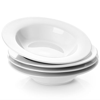 Y YHY Soup Bowls, Pasta Bowl Set of 4, White Shallow Bowl Plates, Porcelain Rimmed Bowls, 8 Inches Diameter with Rim, Mather's Day Gift
