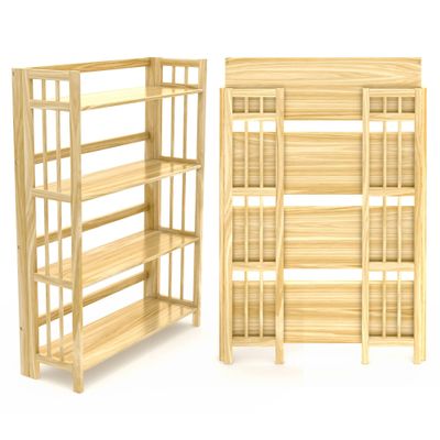STONY EDGE 4-Tier Folding Bookshelf | Natural Wood Finish | 45x32x11.5 Inches | Book Shelf for Books and Trinkets | No Assembly Required | Foldable & Small Bookshelf for Home and Office