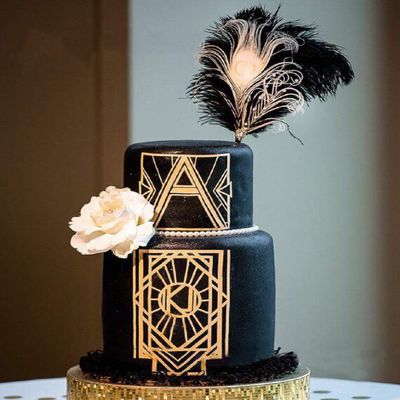 JeVenis Art Deco Gatsby Cake Decoration - Black Feather Topper for 1920s Wedding & Birthday Parties