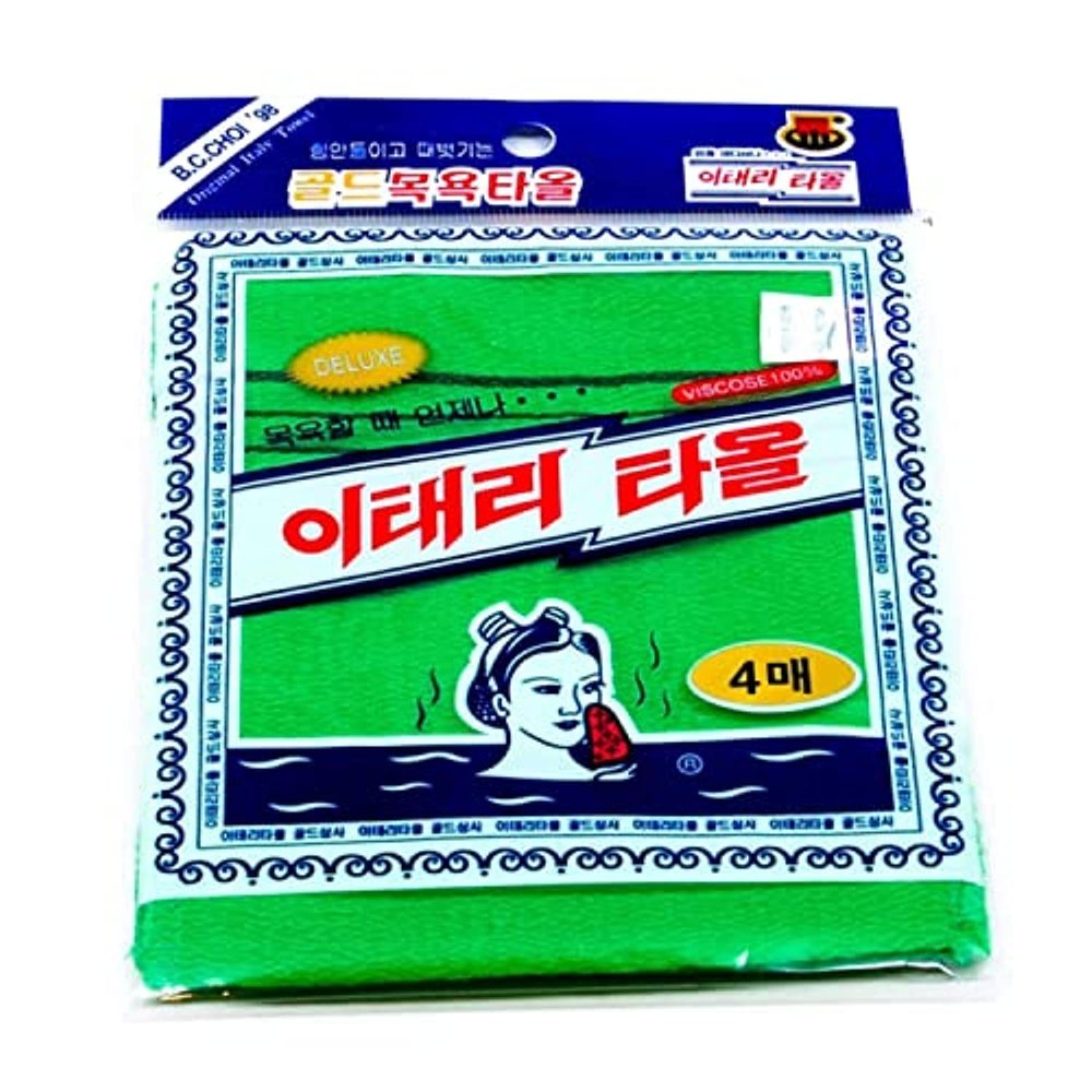 GOLDSANGSA-Korean Exfoliating Towel Washcloth Mitts 4pcs(Green)/ Korean Italy Towel Skincare Exfoliating Body Scrub Bath Cloth for Remove Dead Skin