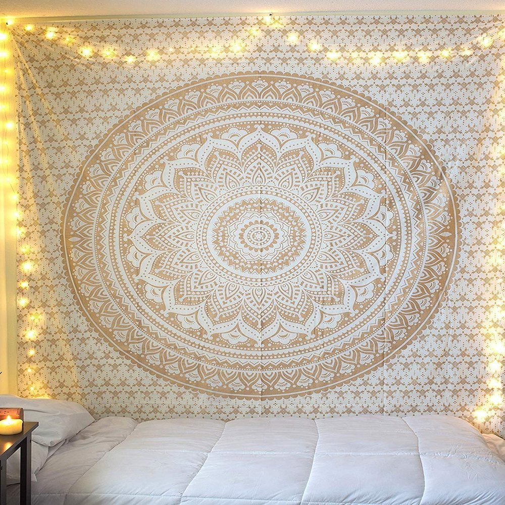 Tapestry Golden HIppie Mandala Ombre Wall Hanging - Indian Popular Mandela Bohemian Psychedelic Bedspread Dorm Room Decor with Metallic Shine Tapestry 84"x90"