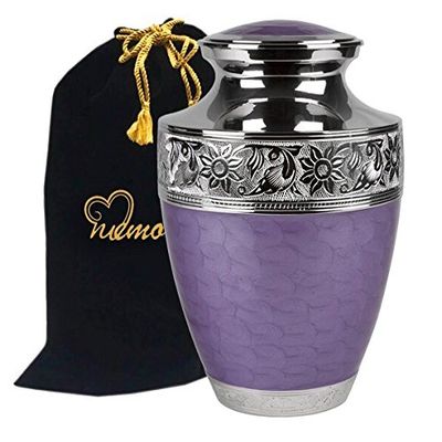 MEMORIALS 4U Large Lavender Love Cremation Urn for Human Ashes- Lavender Urn - Adult Funeral Urn Handcrafted with Engraved Silver Bands - Brass Urn - Large Urn Deal with Free Bag