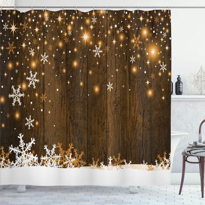 Ambesonne Christmas Shower Curtain, Rustic Wooden Backdrop with Snowflakes and Warm Traditional Celebration Print, Cloth Fabric Bathroom Decor Set with Hooks, 69" W x 70" L, Brown White