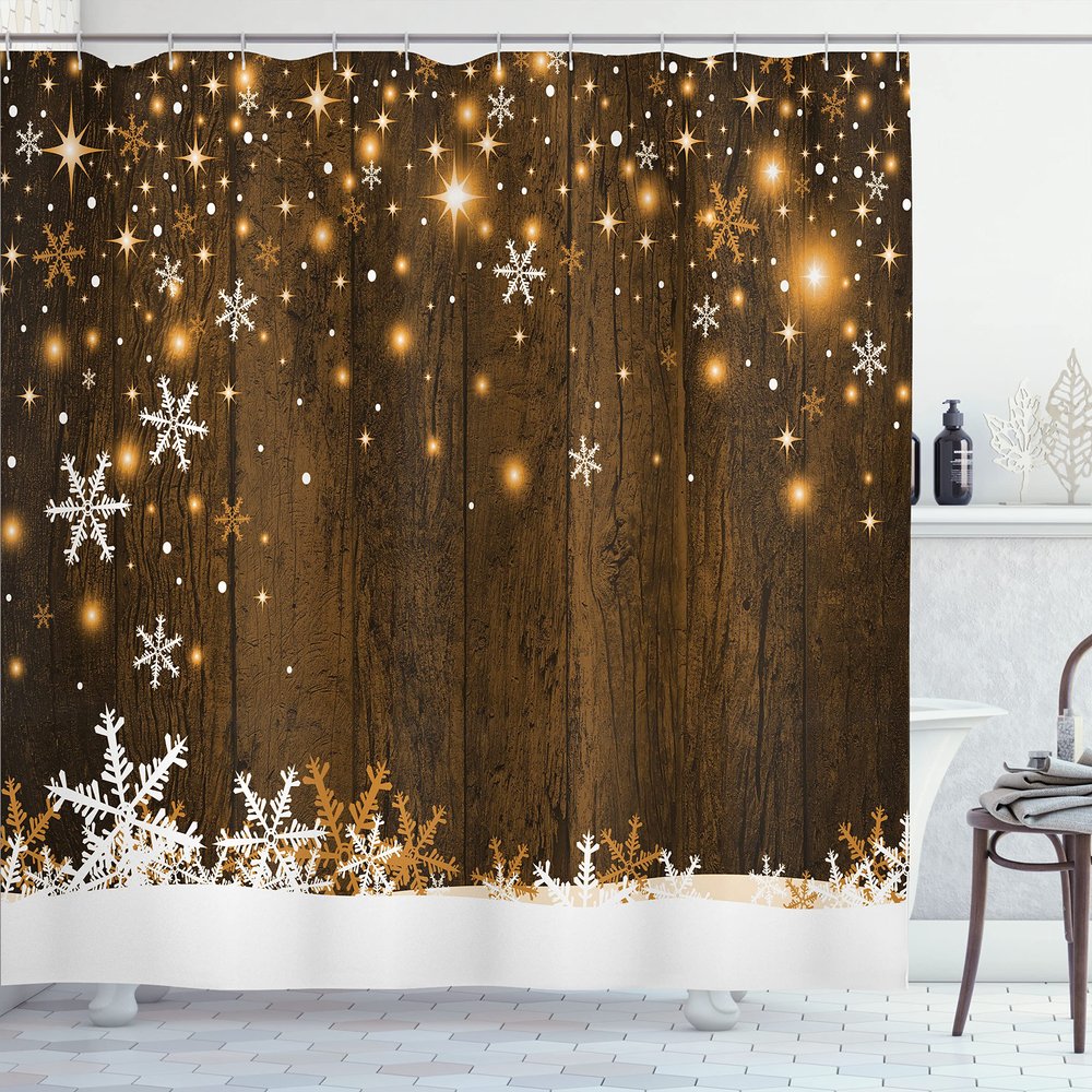 Ambesonne Christmas Shower Curtain, Rustic Wooden Backdrop with Snowflakes and Warm Traditional Celebration Print, Cloth Fabric Bathroom Decor Set with Hooks, 69" W x 70" L, Brown White