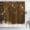 Ambesonne Christmas Shower Curtain, Rustic Wooden Backdrop with Snowflakes and Warm Traditional Celebration Print, Cloth Fabric Bathroom Decor Set with Hooks, 69" W x 70" L, Brown White view 1