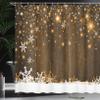 Ambesonne Christmas Shower Curtain, Rustic Wooden Backdrop with Snowflakes and Warm Traditional Celebration Print, Cloth Fabric Bathroom Decor Set with Hooks, 69" W x 70" L, Brown White view 3