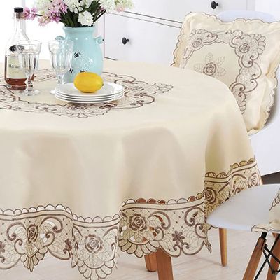 LeLehome 68" Round Brown Flower Embroidered Tablecloth Beige Polyester Vintage Large Dining Cover Home Decor Table Cloth for Wedding Party Kitchen Indoor Decoration
