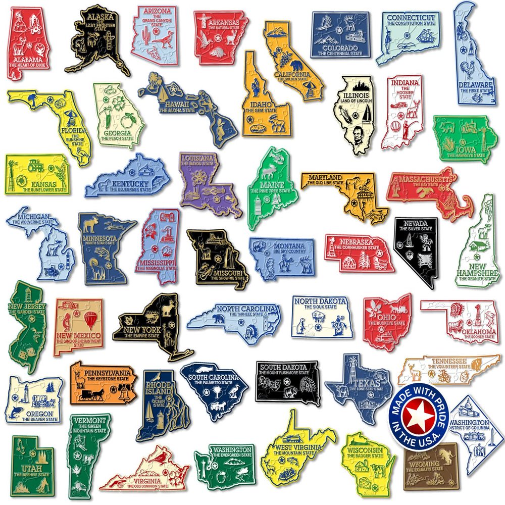 Original U.S. State Magnet Set by Classic Magnets, 3D Rubber Vintage-Style 51-Piece Vintage Magnet Set, Collectible Souvenirs and Gifts Made in The USA