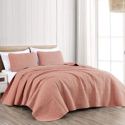 Chezmoi Collection Austin 3-Piece Oversized Bedspread Coverlet Set (King, Salmon)