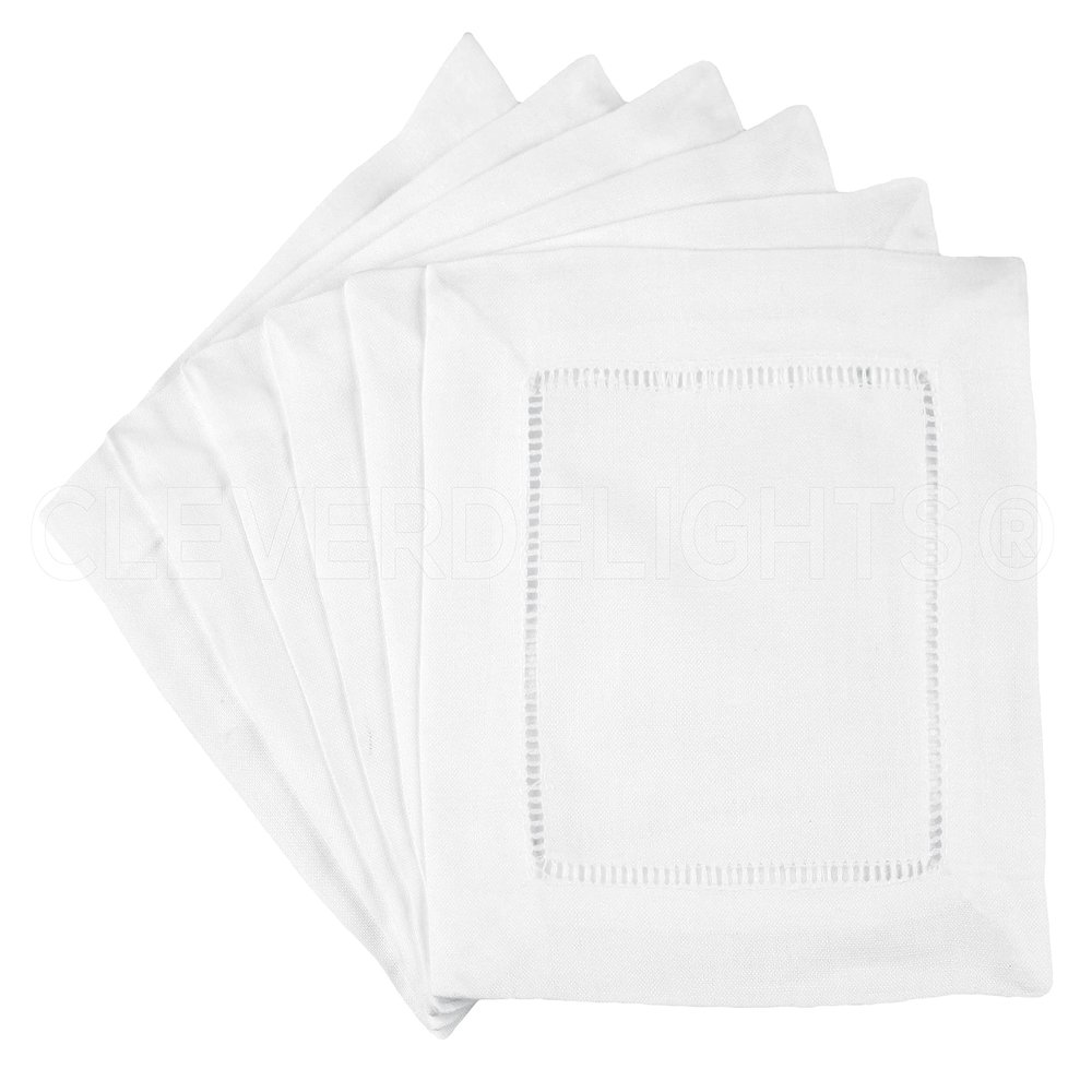 CleverDelights 6" White Cotton Hemstitch Cocktail Napkins - 12 Pack - 100% Cotton