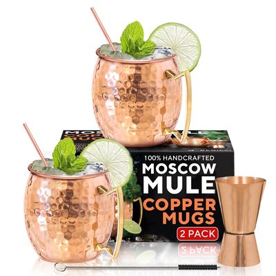Benicci Moscow Mule Copper Mugs - Set of 2, 100% HANDCRAFTED - Food Safe Pure Copper Solid Mugs - 16 oz Gift Set with Premium Quality Cocktail Straws, Straw Cleaning Brush and Jigger!
