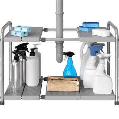 Simple Houseware Under Sink 2-Tier Heavy Duty Expandable Rack Organizer, Adjustable Width 15.7525 Inches with 4 Shelf Height Levels, Silver