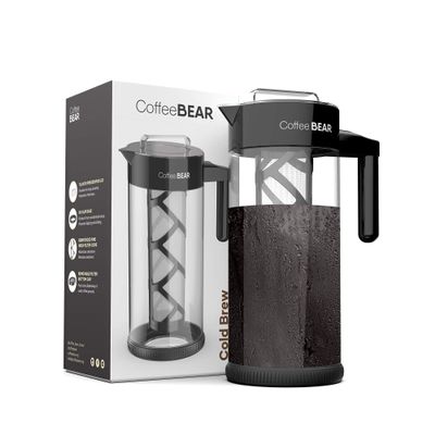 COFFEE BEAR  Cold Brew Coffee Maker and Iced Tea Brewer, Large 1.3L (44oz) Borosilicate Glass Pitcher with Reusable Mesh Filter, Easy to Clean, Dishwasher Safe