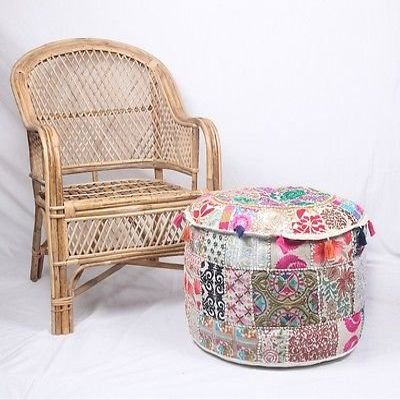 NANDNANDINI - Beautiful Christmas Decorative Bohemian Ottoman Patchwork Ottoman Indian Embroidered Indian Vintage Cotton Round Pouf Foot Stool, Vintage Patch Work Ottoman