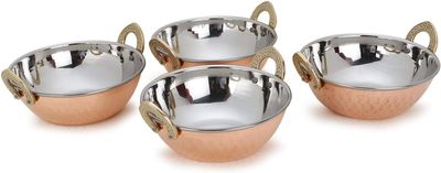 AVS STORES  Set of 4, Indian Copper Serveware Karahi Vegetable Dinner Bowl with Solid Brass Handle for Indian Food, Diameter- 13 cm (5.2 Inches), Silver