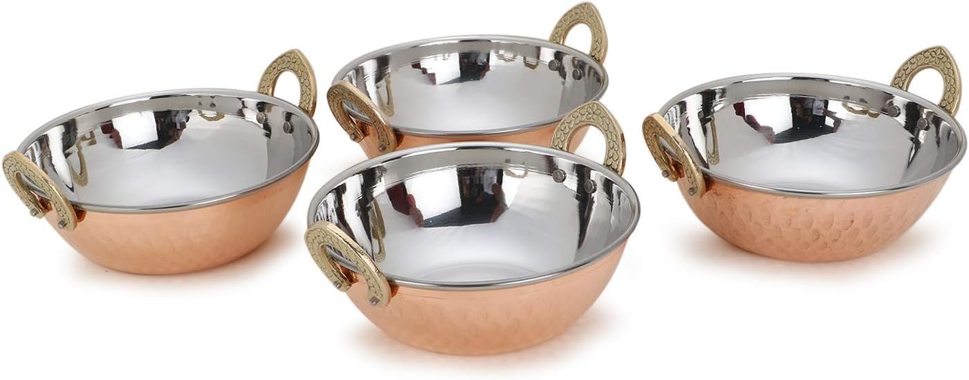 AVS STORES  Set of 4, Indian Copper Serveware Karahi Vegetable Dinner Bowl with Solid Brass Handle for Indian Food, Diameter- 13 cm (5.2 Inches), Silver