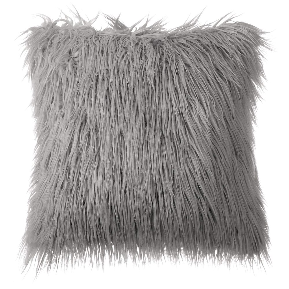 Phantoscope Faux Fur Pillow Cover Decorative Fluffy Throw Pillow Mongolian Soft Fuzzy Pillow Case Cushion Cover for Bedroom and Couch, Gray 18 x 18 Inches