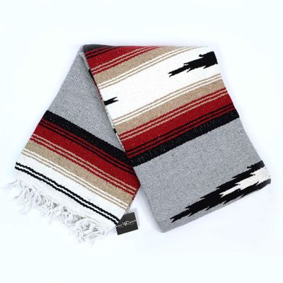 Open Road Goods Heather Gray Mexican Yoga Blanket - Thick Grey Diamond Blanket with Camel, Tan Brown, & Rust Orange Red Clay Stripes
