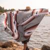 Open Road Goods Heather Gray Mexican Yoga Blanket - Thick Grey Diamond Blanket with Camel, Tan Brown, & Rust Orange Red Clay Stripes view 2