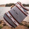 Open Road Goods Heather Gray Mexican Yoga Blanket - Thick Grey Diamond Blanket with Camel, Tan Brown, & Rust Orange Red Clay Stripes view 4