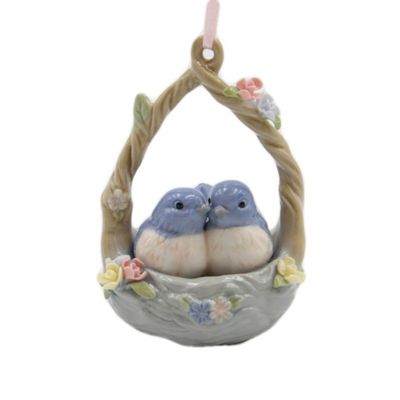 Fine Porcelain HE601-68 Double Blue Birds with Pink Roses Ornament, 4" H