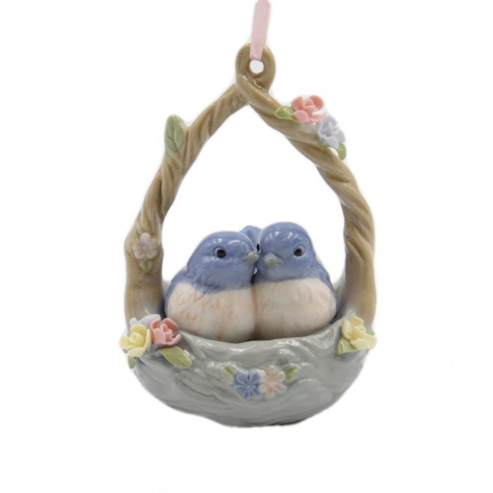 Fine Porcelain HE601-68 Double Blue Birds with Pink Roses Ornament, 4" H