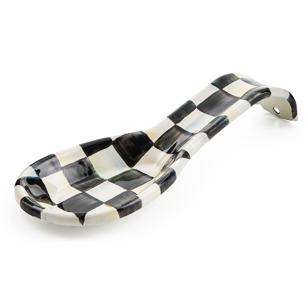 MACKENZIE-CHILDS Enamel Spoon Rest, Kitchen Spoon Holder and Utensil Rest for Stovetop, Black-and-White Courtly Check