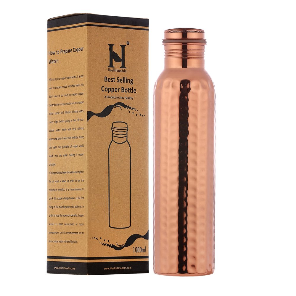 Hammered Pure Copper Water Bottle UNLINED, UNCOATED and LACQURE FREE for Ayurvedic Health Benefits, 1000 Ml (33.81 Fl Oz)