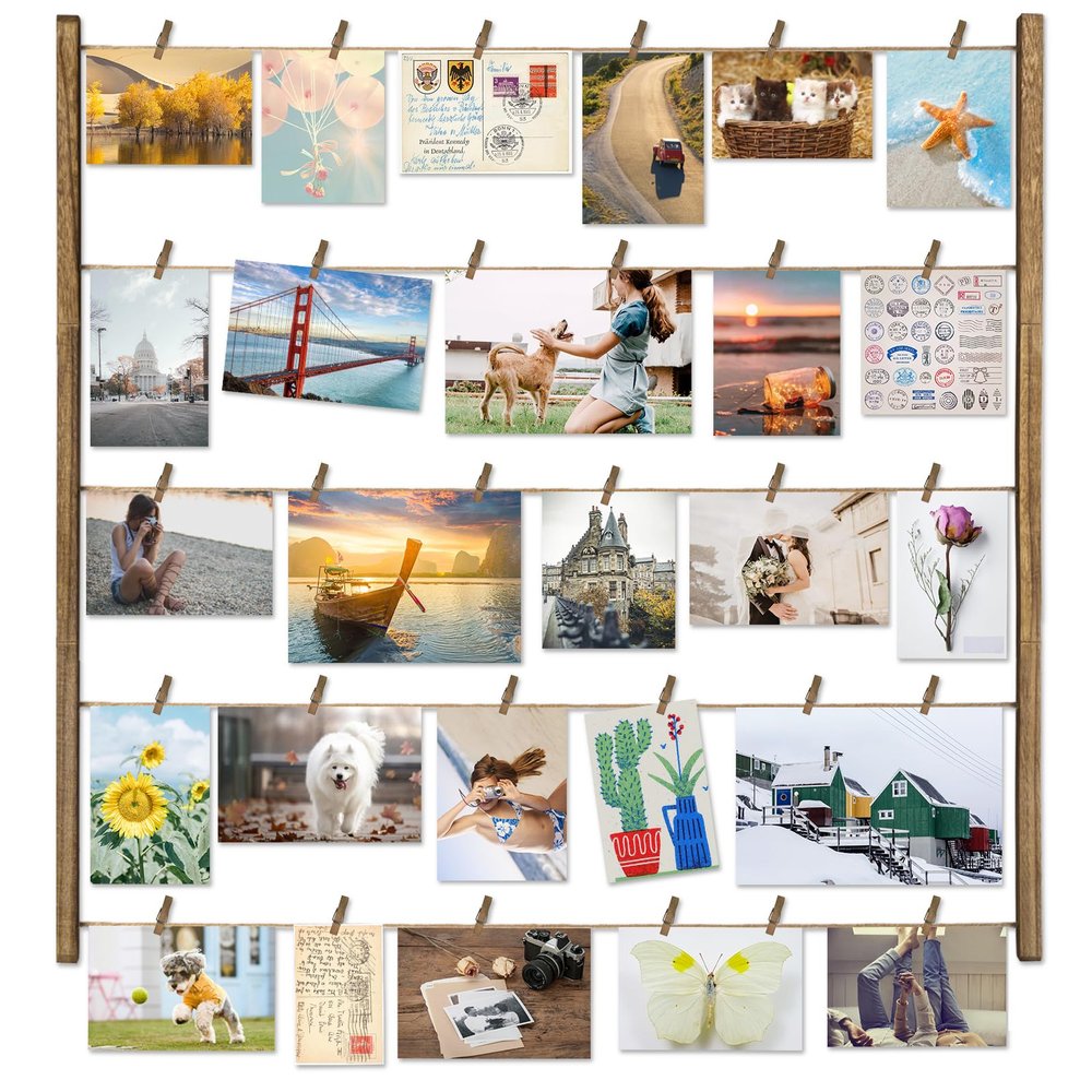 Love-KANKEI Wood Picture Photo Frame for Wall Decor 2629 inch with 30 Clips and Adjustable Twines Collage Artworks Prints Multi Pictures Organizer and Hanging Display Frames Gift Carbonized Black