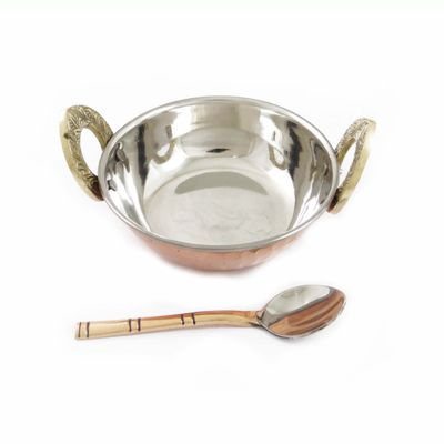 ibaexports Specially Designed Authentic Indian Traditional Style Copper Steel Serveware Karahi with Spoon Tableware Dinnerware