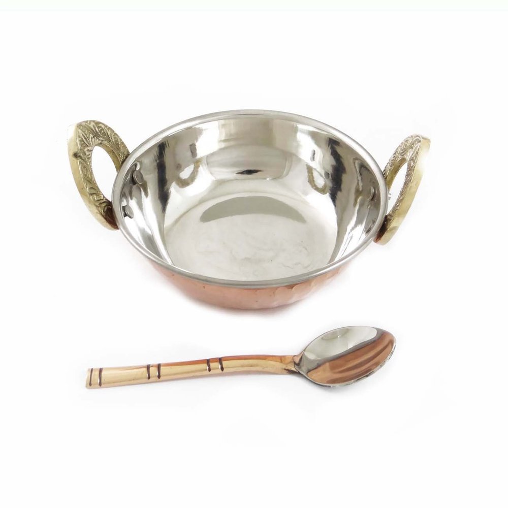 ibaexports Specially Designed Authentic Indian Traditional Style Copper Steel Serveware Karahi with Spoon Tableware Dinnerware