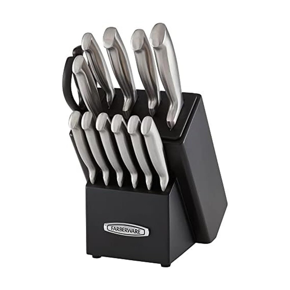 Farberware Self-Sharpening Knife Block Set, 13-Piece Kitchen Knife Set with EdgeKeeper Technology, High-Carbon Stainless Steel Blades, Ergonomic Hollow Handles, Black Wood Block