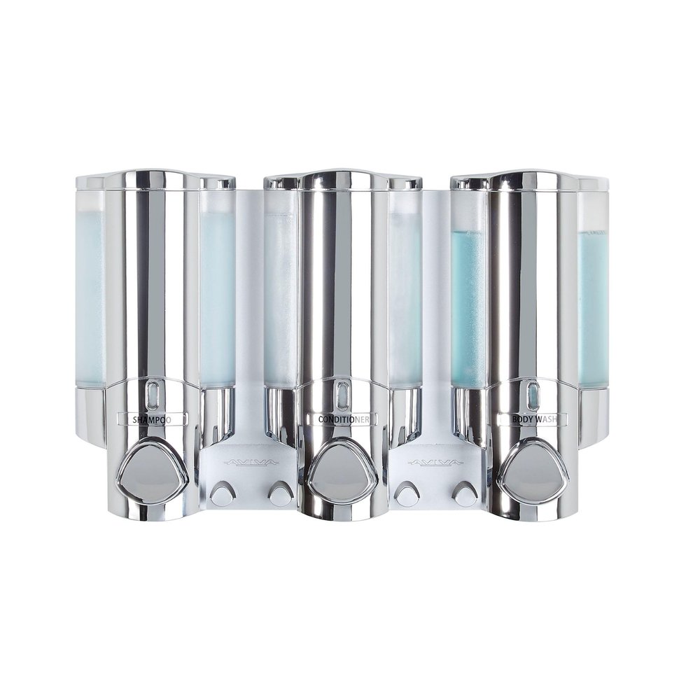 Better Living Aviva Shower Dispenser 3 Chamber, Wall Mount Shower Soap Pump Dispenser for Bathroom Hotel Body Wash, Built-in Hooks, No Drill, Waterproof Shampoo Soap Dispenser 3 x 11 oz, Chrome