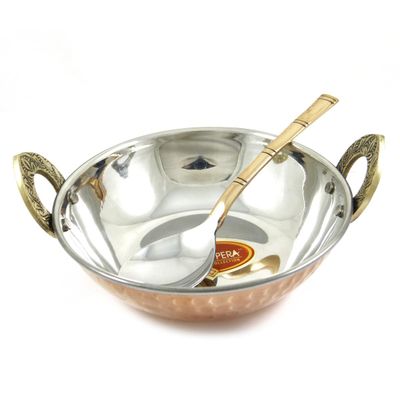 ibaexports Specially Designed Authentic Indian Traditional Style Copper Steel Serveware Karahi With Spoon Tableware Dinnerware