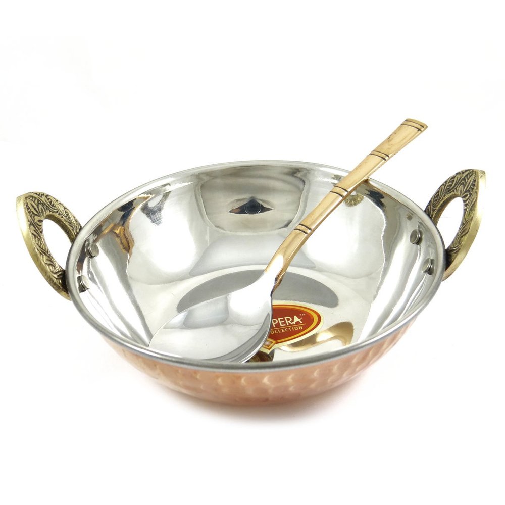 ibaexports Specially Designed Authentic Indian Traditional Style Copper Steel Serveware Karahi With Spoon Tableware Dinnerware