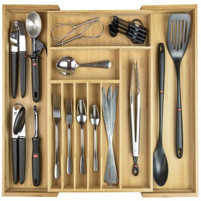 KitchenEdge Premium Silverware, Flatware and Utensil Organizer for Kitchen Drawers, Food-Safe Contract Grade, Expandable from 16 to 28 In, Natural Bamboo