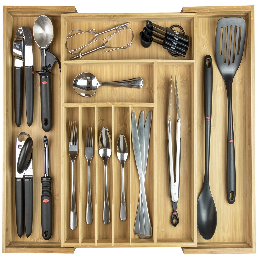 KitchenEdge Premium Silverware, Flatware and Utensil Organizer for Kitchen Drawers, Food-Safe Contract Grade, Expandable from 16 to 28 In, Natural Bamboo