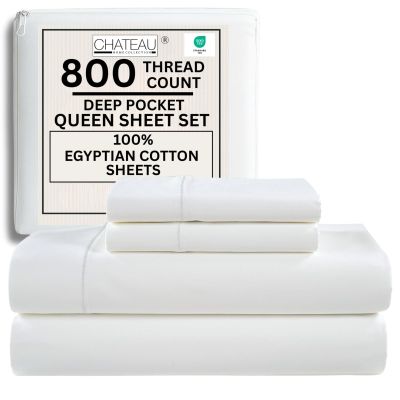 100% Egyptian Cotton Sheets Queen Size Bed Set, Deep Pocket Queen Sheet set, 800 Thread Count Sateen Cotton Bed Sheets, Cool Soft Breathable No Pill Elasticated Luxury White Bedding For All Seasons