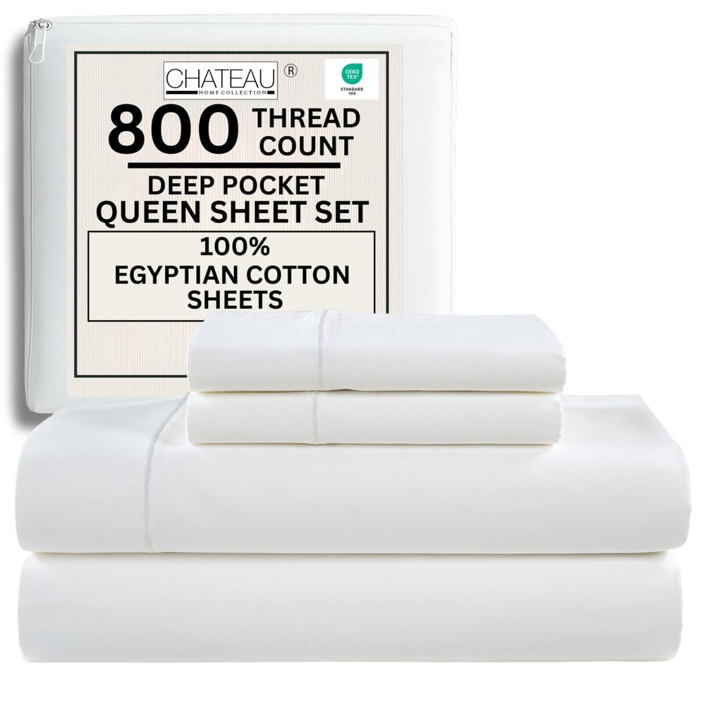 100% Egyptian Cotton Sheets Queen Size Bed Set, Deep Pocket Queen Sheet set, 800 Thread Count Sateen Cotton Bed Sheets, Cool Soft Breathable No Pill Elasticated Luxury White Bedding For All Seasons
