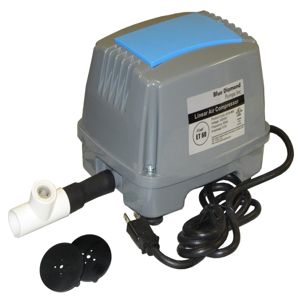 Blue Diamond ET60 Septic Linear Air Pump w/Free Back Pressure Safety Valve (Maximizes Aerator Service Life) Free Extra Diaphragms