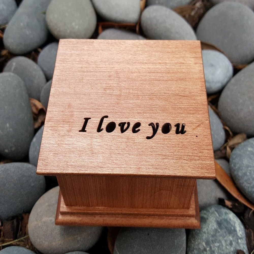 Custom engraved music box with I love you on top, handmade by simplycoolgifts