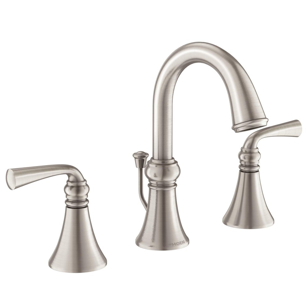 Moen Wetherly Spot Resist Brushed Nickel Two-Handle Widespread Bathroom Faucet with Valve Included, 3-hole Deck Mounted Setup, WS84855SRN