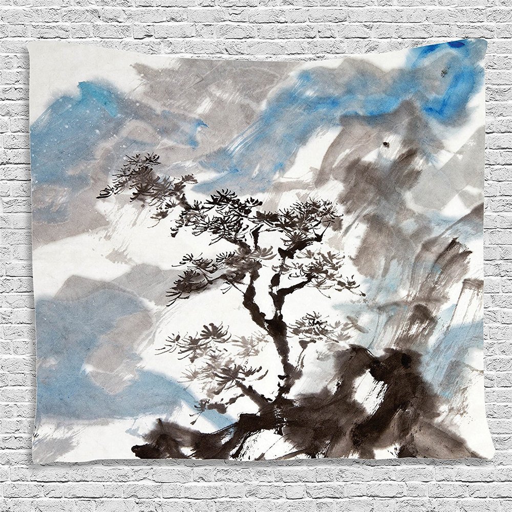 Ambesonne Japanese Tapestry, Depiction of Pine Tree Landscape on Hill Mountain with Rough Blasts, Wide Wall Hanging for Bedroom Living Room Dorm, 60" X 40", Blue Grey