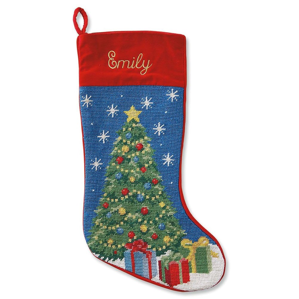 Lillian Vernon Christmas Tree Personalized Heirloom Needlepoint Christmas Stocking, Cotton, Wool, 9.5" W x 17" L