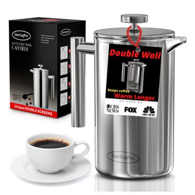 SterlingPro Stainless Steel French Press Coffee Maker Large 1 L(34 oz) Mirror  Durable Double Walled Insulated Coffee Press Keeps Drinks Hot, Easy to Use and Clean Stylish Design for Rich Flavor