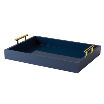 Kate and Laurel Lipton Decorative Tray with Polished Metal Handles, Navy Blue and Gold