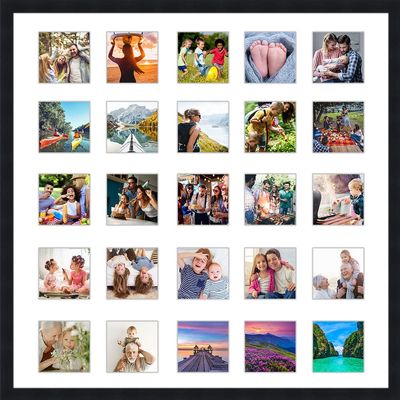 CountryArtHouse Black Collage Frame With Mat - 22x22 Solid Wood Frame For (25) 4" x 4" Photos - Black Matted Instagram 4x4 Collage Photo Frame with Mat with Multi Opening Picture Matte