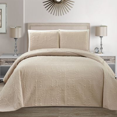Mk Collection 3pc King/California King Solid Embossed Bedspread Bed Cover Over Size Beige/Khaki New